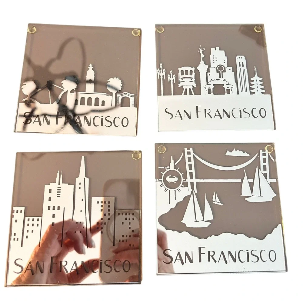 SF Mercantile San Francisco Skyline Mirrored Glass Coaster Set 4pc Silver Clear
